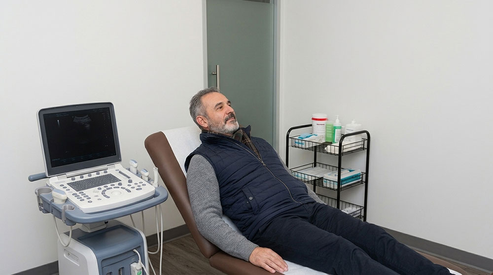 Doctor evaluando a paciente para Endomanga método Apollo con ilustración del procedimiento en pantalla
