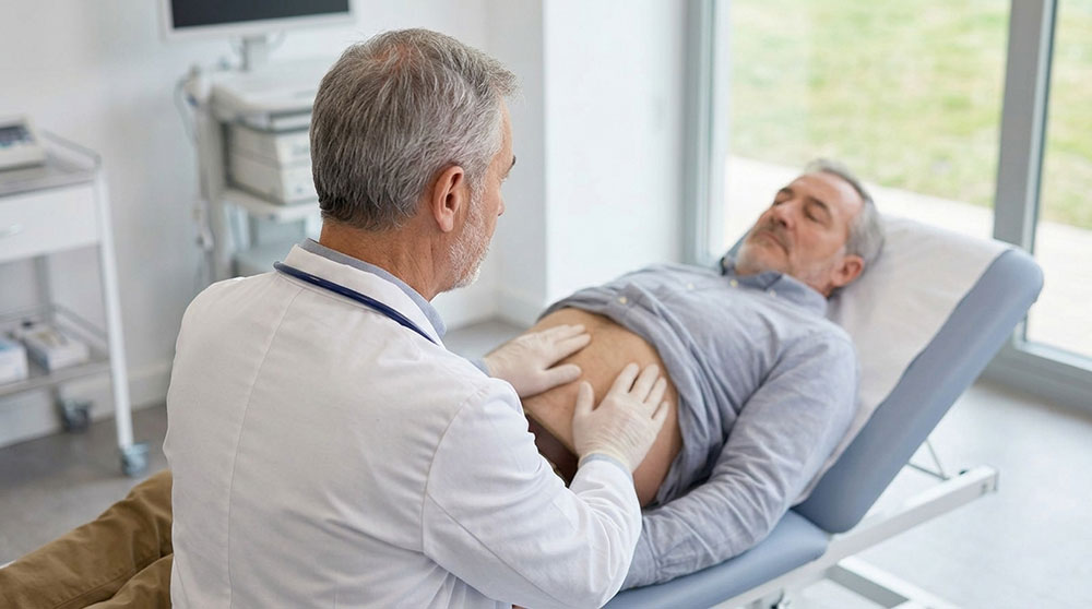 Doctor evaluando a paciente para Endomanga método Apollo con ilustración del procedimiento en pantalla